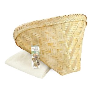 PANWA Traditional Sticky Rice Cooking Basket - “NATURAL SCENTED” - Handcrafted THAI Bamboo Wing Design, Medium Size with 24x24 Inch Cheesecloth Wrap Included