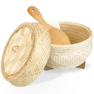 PANWA Handmade 100% Natural Thai Bamboo Sticky Rice “Electric Cooker Steamer Set”, Small Pot Insert ~ 6.5 Inch, Hewn Reed Wicker Woven Lid, 16’’ Cheesecloth Filter, and Wooden Spoon